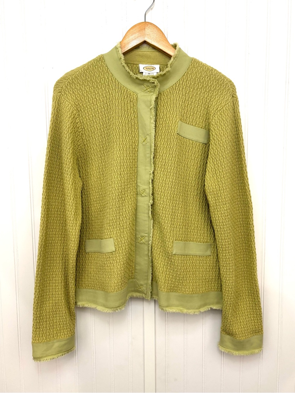 Talbots Green Knit Cotton Jacket Size XL Fringe Trim Button Front Preppy Blazer